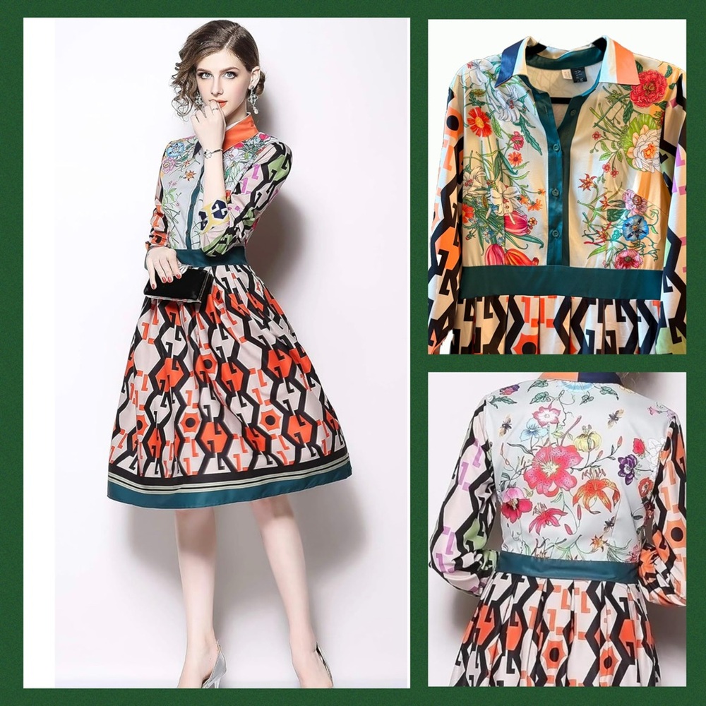Lai Meng Five Cats Floral & Geometric Patterned ALine Fit & Flare Dress Size 8